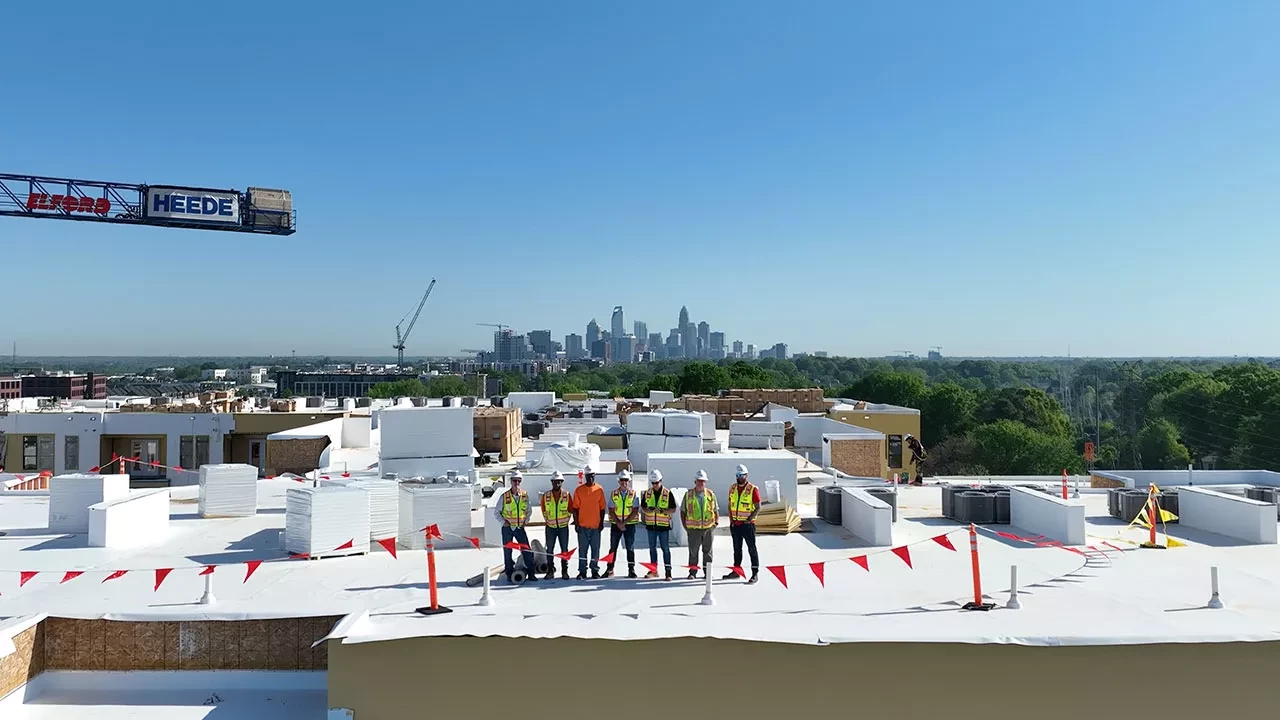 Downtown skyline with construction crew